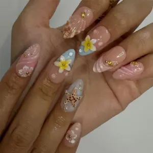 Blush Shell Press On Nails 3D Starfish Plumeria 6