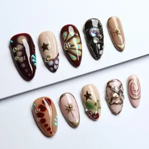 Boho gothic hand painted Y2K abstract luxury press on nails fake nails