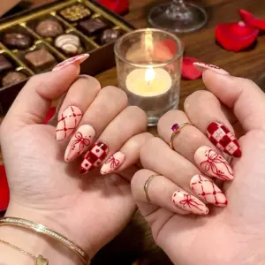 Bow Heart Checker Press On Nails Coquette Valentine Fake