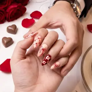 Bow Heart Checker Press On Nails Coquette Valentine Fake 3