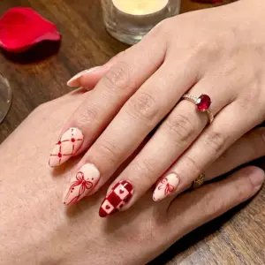 Bow Heart Checker Press On Nails Coquette Valentine Fake 4