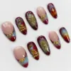 Brown aura sun star gold chrome gothic press on nails fake nails long almond