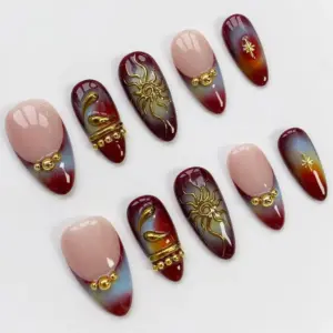 Brown aura sun star gold chrome gothic press on nails fake nails long almond