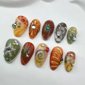 Brown flake 3D floral glitter sparkle handmade press on nails fake nails long almond