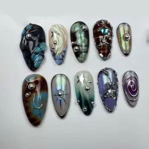 Brown glitter star sparkle fall handmade press on nails fake nails long almond