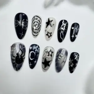 Brown star 3D gold chrome Japanese press on nails fake nails sparkle long almond