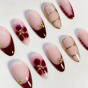 Burgundy Bloom Press On Nails Gold Chrome French F