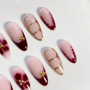Burgundy Bloom Press On Nails Gold Chrome French F 1
