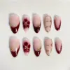 Burgundy bloom gold chrome french press on nails floral fake nails long almond