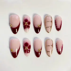 Burgundy bloom gold chrome french press on nails floral fake nails long almond