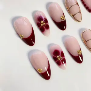 Burgundy Bloom Press On Nails Gold Chrome French F 4