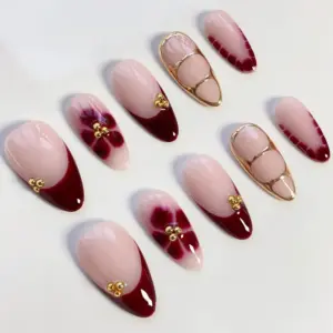 Burgundy Bloom Press On Nails Gold Chrome French F 5