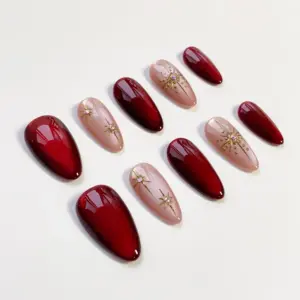 Burgundy Cat Eye Press On Nails Christmas Glitter 1
