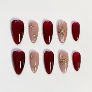 Burgundy cat eye Christmas glitter star snow press on nails fake nails long almond