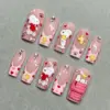 Blush pink Valentine's Day cartoon press on nails with beagle dog hugging heart, yellow bird characters, paw prints, sparkle stars and rhinestone charms