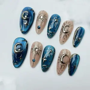 Cat eye celestial 3D floral fall press on nails fake nails long almond