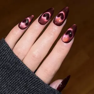 Cat Eye Heart Press On Nails Dark Red Magnetic Fake Nails 3