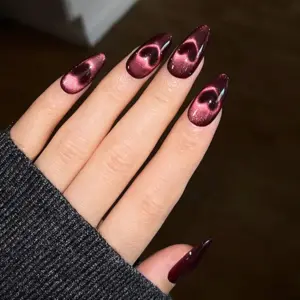 Cat Eye Heart Press On Nails  Dark Red Magnetic Fake Nails | EV57