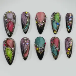 Cat Eye Press On Nails Brown 3D Gold Chrome 1 1