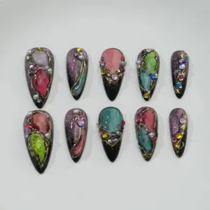 Cat eye brown 3D gold chrome star sparkle handmade press on nails fake nails fall