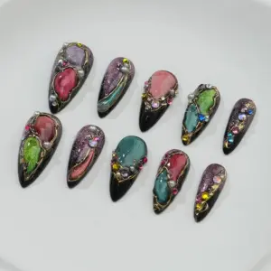 Cat Eye Press On Nails Brown 3D Gold Chrome 1