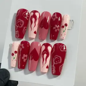 Cherry Flame Heart Press On Nails Y2K Valentine Fake Nails 2