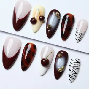 Cherry tortoise shell zebra 3D cat eye jelly Y2K press on nails fake nails luxury