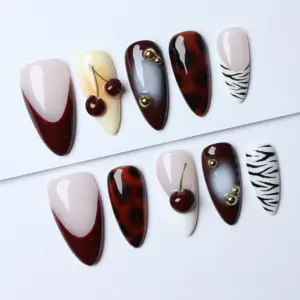 Cherry Tortoise Shell Press On Nails 3D Cat Eye Y2K Fake Nails 2