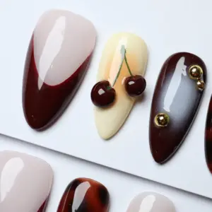 Cherry Tortoise Shell Press On Nails 3D Cat Eye Y2K Fake Nails 3