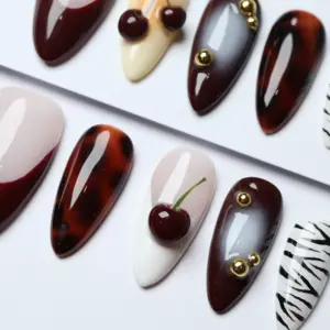 Cherry Tortoise Shell Press On Nails 3D Cat Eye Y2K Fake Nails 4