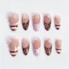Chocolate Floral French Press On Nails | Pearl Fake Nails | ST28 4 Chocolate brown floral French press on nails with pearl beads, pink star charm, and hand-painted white flower details