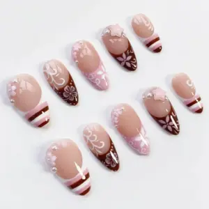 Chocolate Floral French Press On Nails Pearl Fake Nails 2