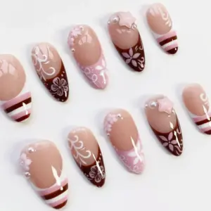 Chocolate Floral French Press On Nails Pearl Fake Nails 3