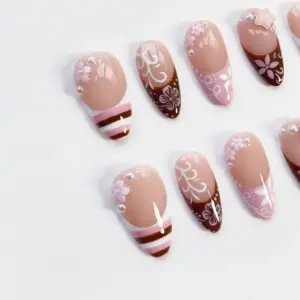 Chocolate Floral French Press On Nails Pearl Fake Nails 4