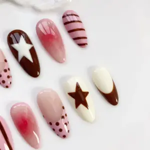 Chocolate Strawberry Press On Nails Star Polka Dot Fake Nails 2