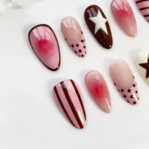 Chocolate Strawberry Press On Nails Star Polka Dot Fake Nails 3