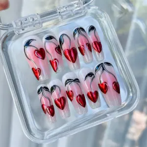 Chrome Heart Cherry Press On Nails Y2K Valentine Fake Nails 2