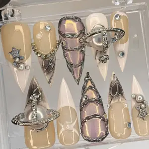 Chrome metallic silver gothic Y2K hand painted press on nails fake nails emo