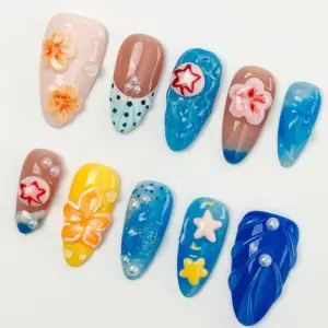 Colorful Ocean Press On Nails 3D Hibiscus Star Beac 1