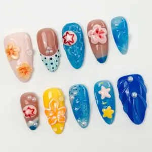 Colorful Ocean Press On Nails 3D Hibiscus Star Beac 3