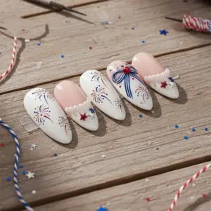Coquette Bow Fireworks Press On Nails Pearl 4th July Fake Nails 2