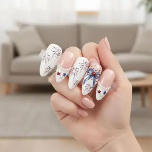 Coquette Bow Fireworks Press On Nails Pearl 4th July Fake Nails 3
