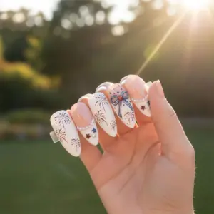 Coquette Bow Fireworks Press On Nails Pearl 4th July Fake Nails 4