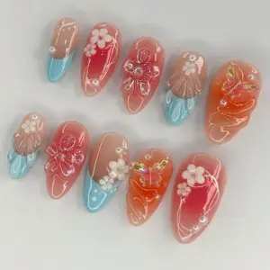 Coral Sunset Press On Nails 3D Butterfly Floral 2