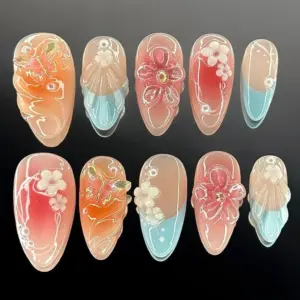 Coral Sunset Press On Nails 3D Butterfly Floral 3