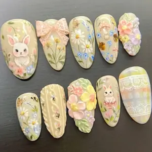 Cottagecore Press On Nails 3D Floral Bunny Garden Fake Nails 1