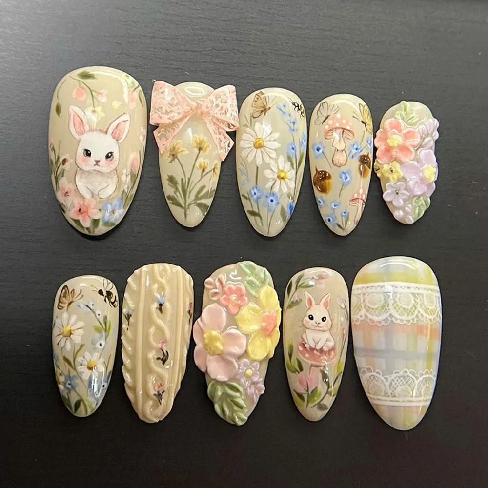 Cottagecore Press On Nails  3D Floral Bunny Garden Fake Nails | EV34 - Image 2