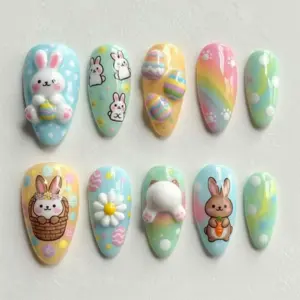 Cute Easter press on nails with 3D white bunny, sculpted Easter eggs, daisy, bunny bottom, cartoon bunnies and rainbow ombre on pastel blue yellow mint and pink bases