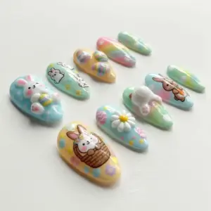 Cute Easter 3D Press On Nails Rainbow Bunny Cartoon Fake Nails 2