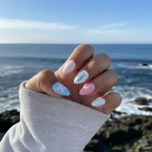 Cute Ocean Press On Nails Pink Blue Starfish Fish Fake Nails 2